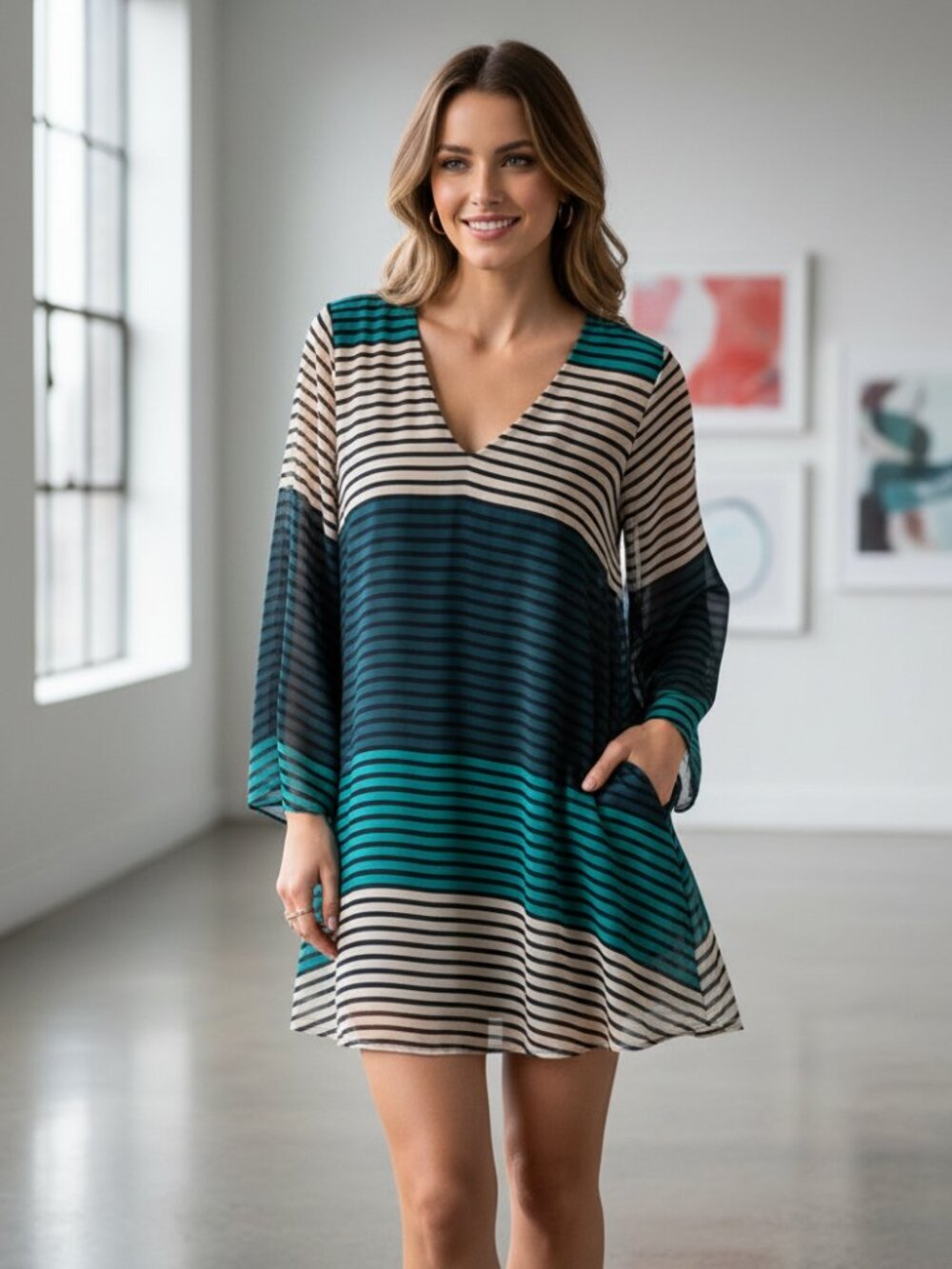 ECI Dress 10 Mini Flowy Beige Teal Green Striped Swing V Neck Bell Slv Boho Chic
